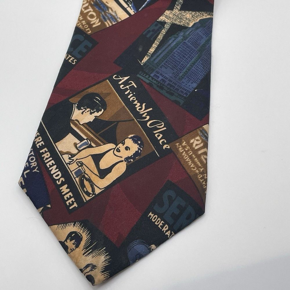 Vtg Bugle Boy Mens Tie Art Deco Ritz Carlton Roosevelt Hotel 3 3/4" X 58.5"‎ USA